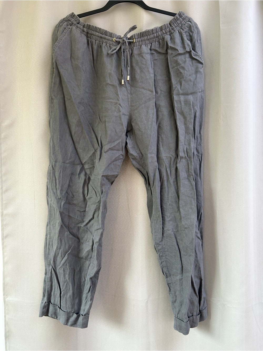 Ellen Tracy Gray Drawstring Linen Joggers long pants elastic waist medium grey